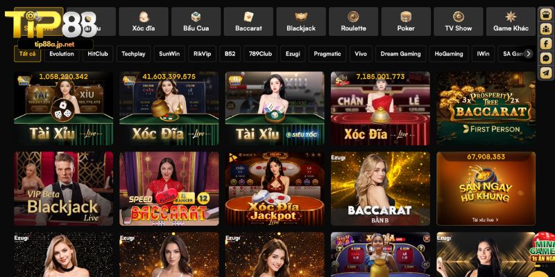 Casino TIP88 – Sảnh Casino Trực Tuyến Hấp Dẫn Nhất Hiện Nay Các trò chơi nổi bật tại sảnh Casino TIP88